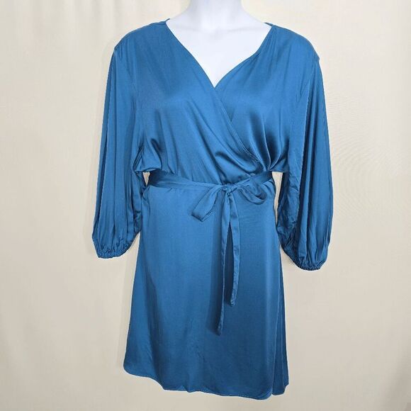 Diarrablu Yali Blue Short Bubble Sleeve Wrap Mini Dress Plus Size 1X - Picture 1 of 5